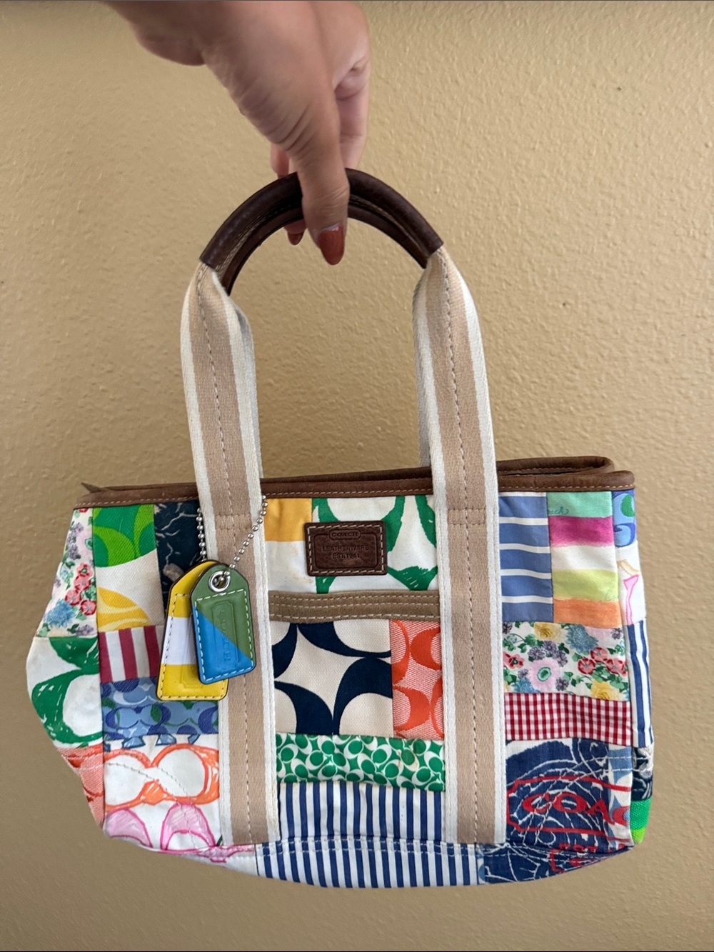 Coach Multicolor Patchwork Tote with Brown Handles